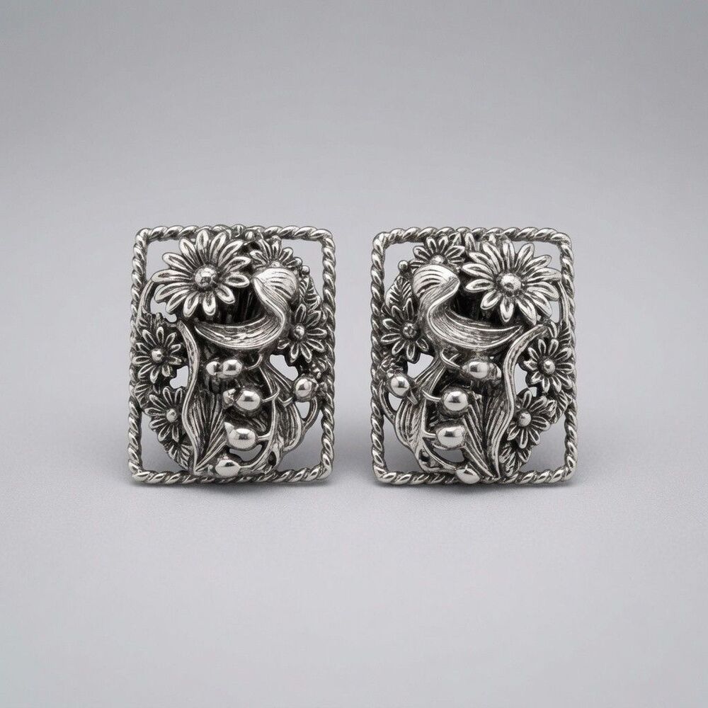 Vintage Statement Sarah Coventry Bird Flower Crescent Square Clip-On Earrings